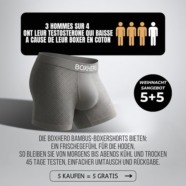 A square ad creative featuring a statistical claim about health risks of cotton boxers, driving a 5+5 free offer for bamboo alternatives.